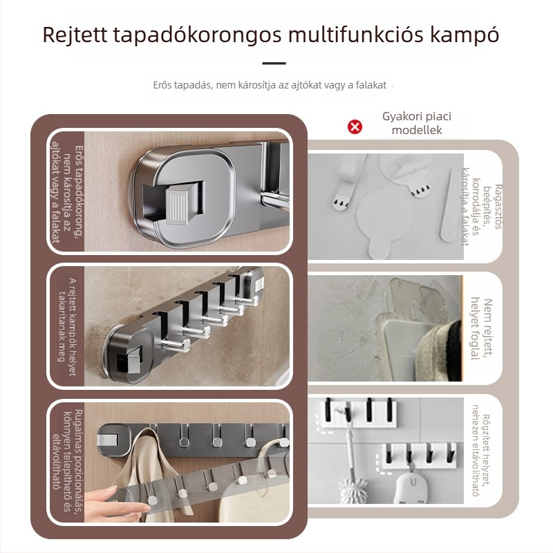 Ajtóra szerelhető ruhafogas szívócsészével, tárolásra, erős, nyom nélkül, előszobai használatra