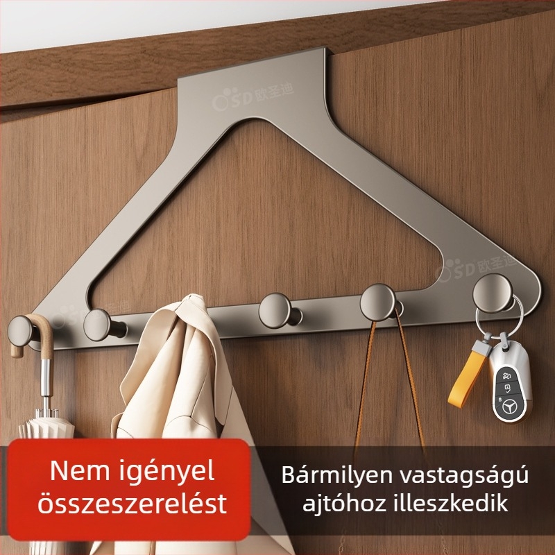 6 részes ruhafogas ajtóra, szénacélból, többszintű, fúrás nélküli telepítés