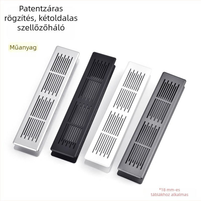 Műanyag, kétoldalas szellőző háló panel szekrényajtóhoz, téglalap alakú, szellőzőnyílásokkal, dekoratív fedél
