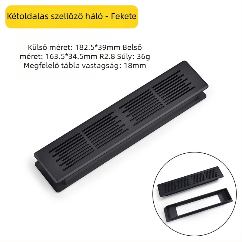 Műanyag, kétoldalas szellőző háló panel szekrényajtóhoz, téglalap alakú, szellőzőnyílásokkal, dekoratív fedél