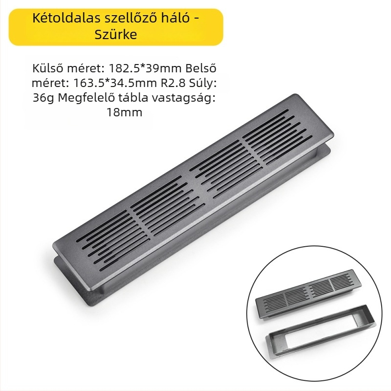 Műanyag, kétoldalas szellőző háló panel szekrényajtóhoz, téglalap alakú, szellőzőnyílásokkal, dekoratív fedél
