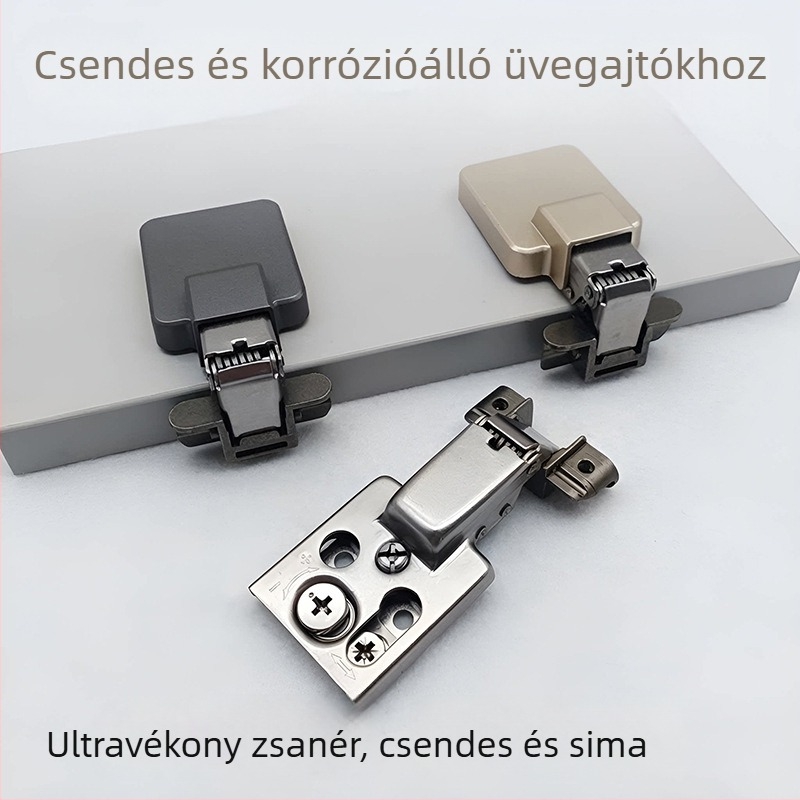 Beépített hidraulikus csillapítóval ellátott üvegezett ajtóhoz tartozó pánt, alumínium kerettel, ultra vékony kivitel, rövid kar