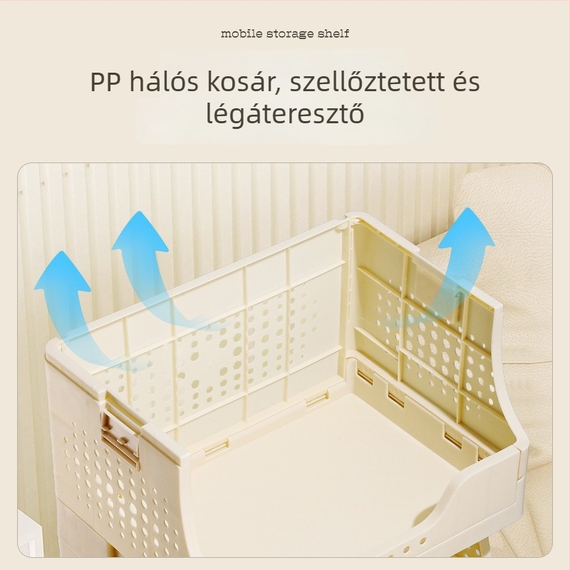 3-szintes mobil padlóra álló tároló görgőkkel, összecsukható könyvespolc