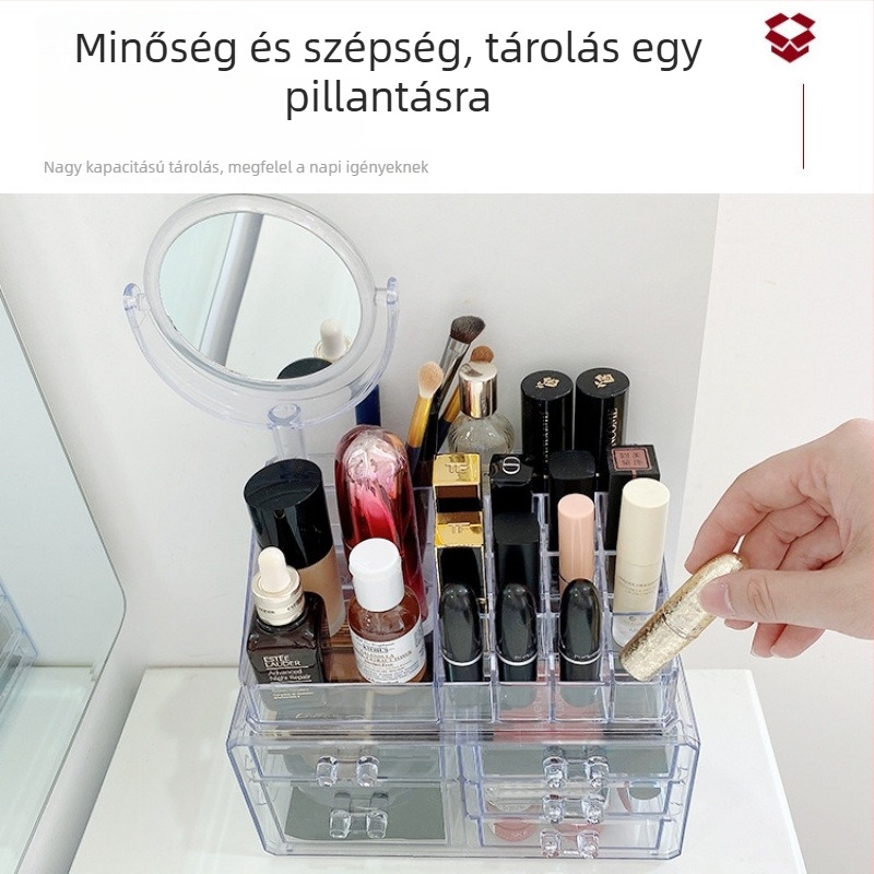 Átlátszó asztali tároló rúzsok és kozmetikumok számára, fiókokkal és ékszerek rendezője
