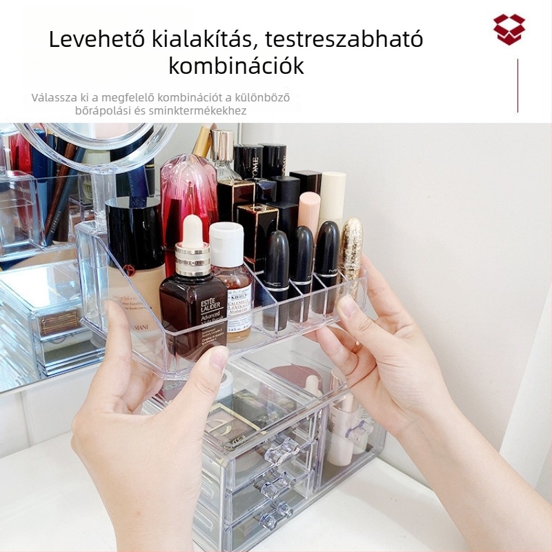 Átlátszó asztali tároló rúzsok és kozmetikumok számára, fiókokkal és ékszerek rendezője