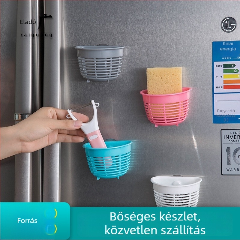 Erős szívókorongos falra szerelhető konyhai mosogató tárolókosár, levehető, üreges kiömlőnyílásokkal