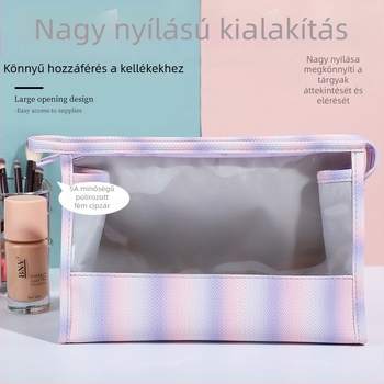 Színátmenetes, függőleges csíkos sminktáska, átlátszó, nagy kapacitású, utazáshoz