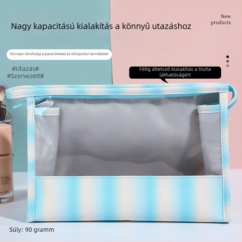 Színátmenetes, függőleges csíkos sminktáska, átlátszó, nagy kapacitású, utazáshoz