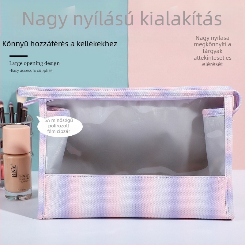 Színátmenetes, függőleges csíkos sminktáska, átlátszó, nagy kapacitású, utazáshoz