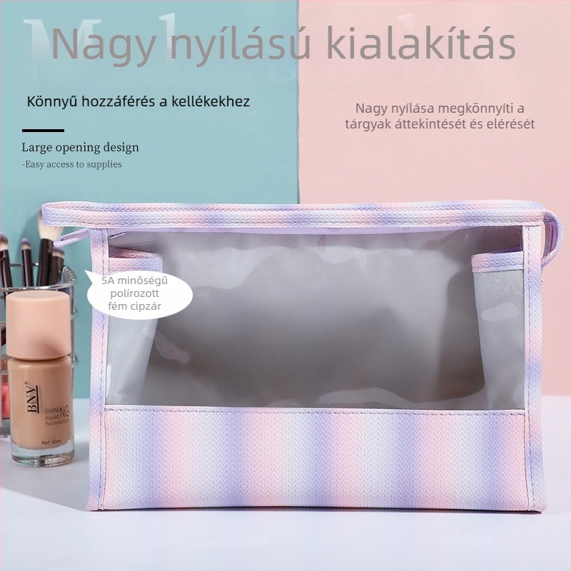 Színátmenetes, függőleges csíkos sminktáska, átlátszó, nagy kapacitású, utazáshoz