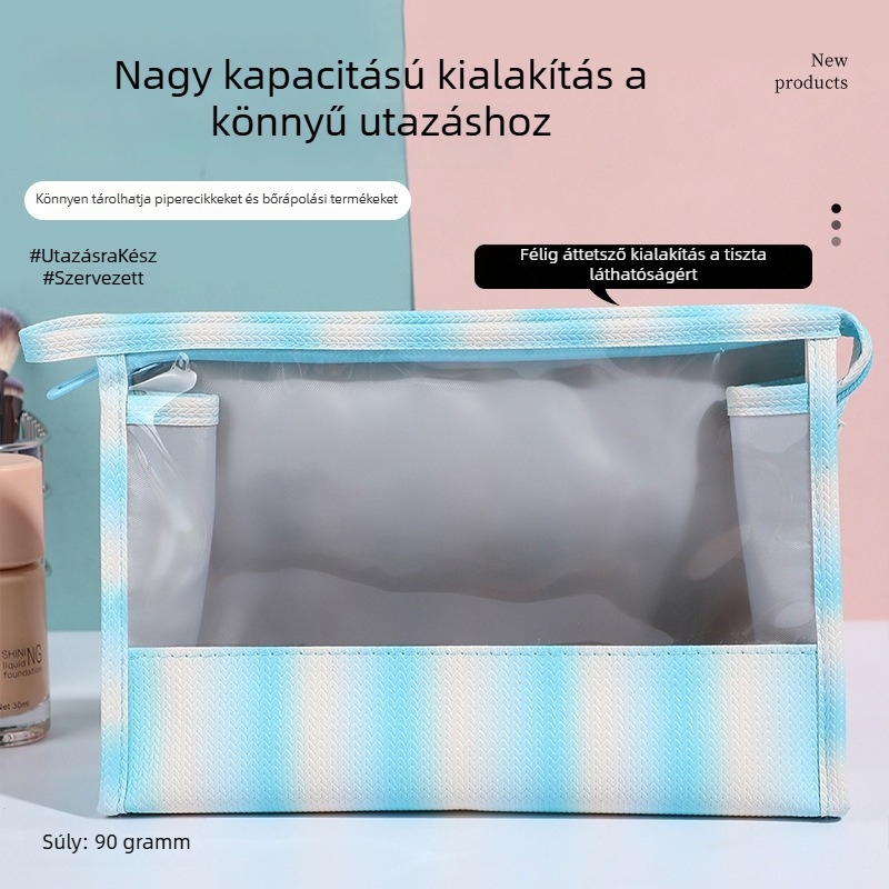Színátmenetes, függőleges csíkos sminktáska, átlátszó, nagy kapacitású, utazáshoz