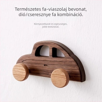 Fából készült falra szerelhető horog ragasztós rögzítéssel, lyuk nélkül, aranyos mesefigurás dizájn, masszív fa