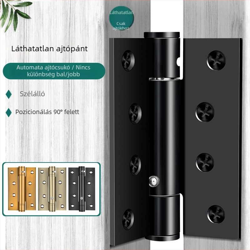 Láthatatlan ajtópánt rugóval és lengéscsillapítóval, automatikus visszatérés, összecsukható zárómechanizmus faajtókhoz és rejtett ajtókhoz, csendes működés