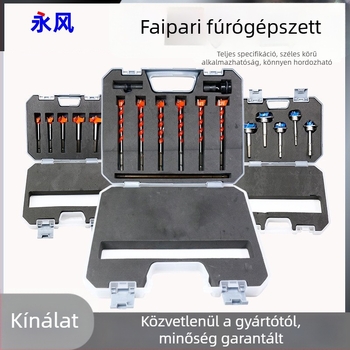 Fából készült ajtópanelekhez való lyukasztókészlet, hatszögletű markolat, doboz pántokkal, hordozható elektromos fúró, menetes fúrófejek
