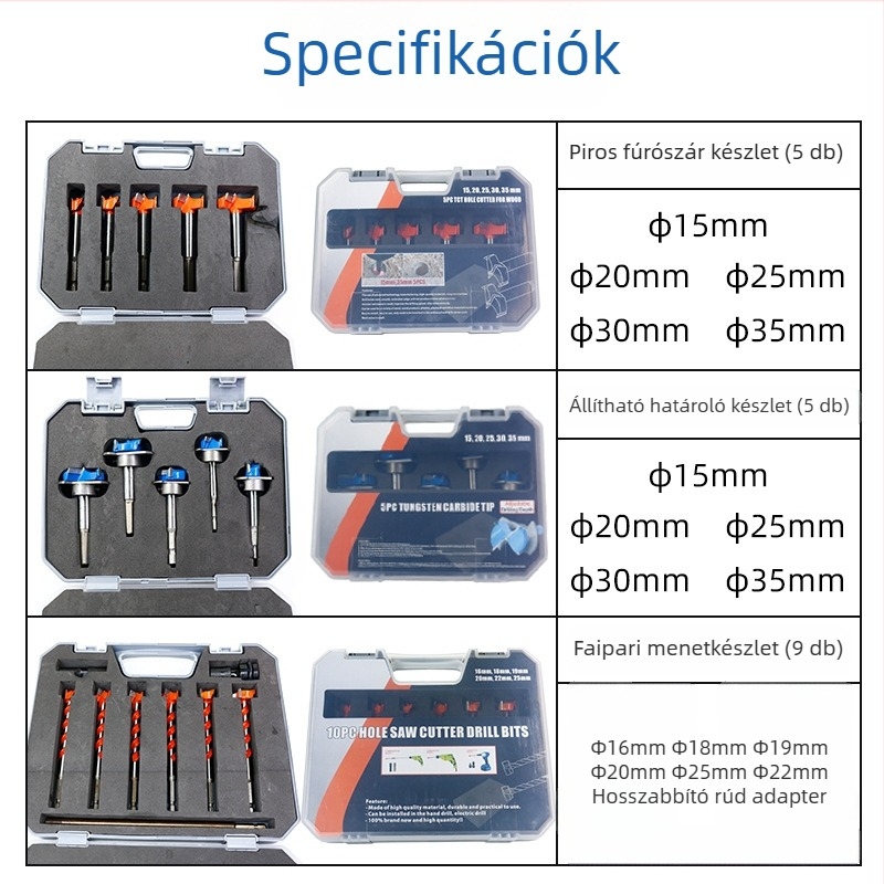 Fából készült ajtópanelekhez való lyukasztókészlet, hatszögletű markolat, doboz pántokkal, hordozható elektromos fúró, menetes fúrófejek