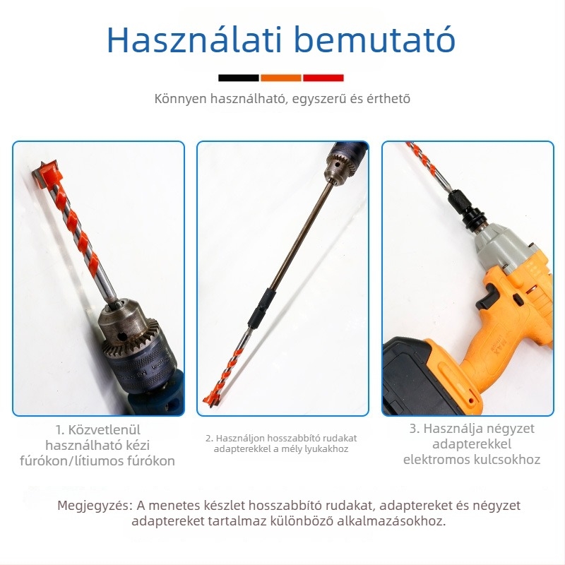 Fából készült ajtópanelekhez való lyukasztókészlet, hatszögletű markolat, doboz pántokkal, hordozható elektromos fúró, menetes fúrófejek