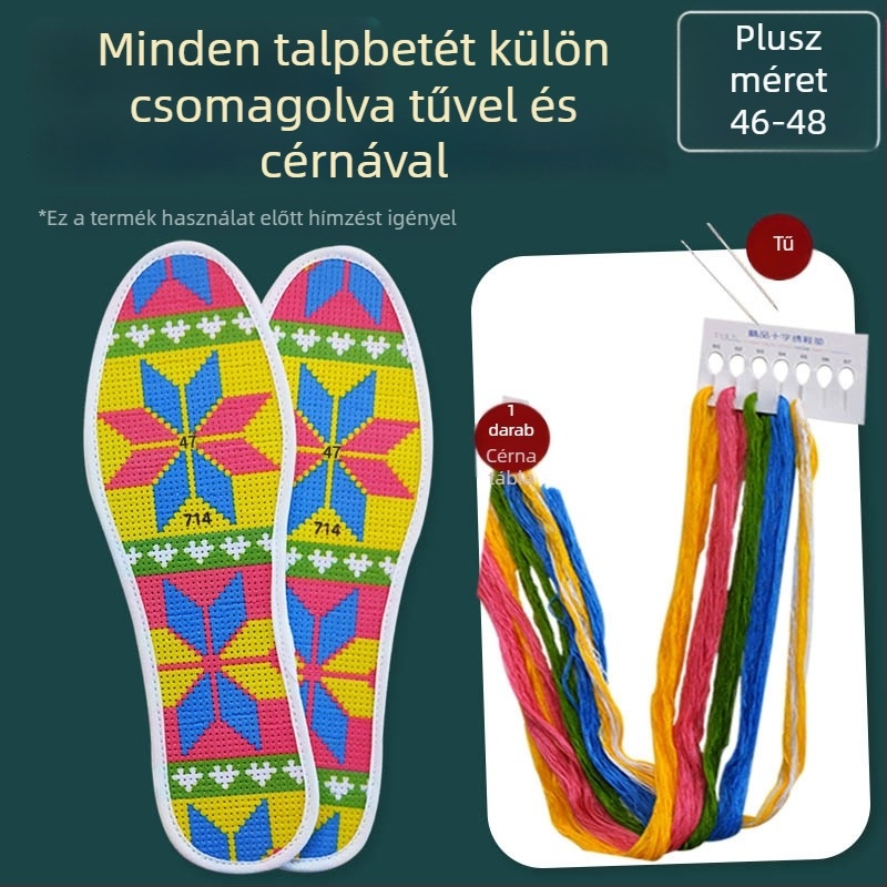 Keresztöltéses hímzéses talpbetét félkész, tűvel és cérnával együtt, megerősített, vastagabb párnázással, méret 46–48