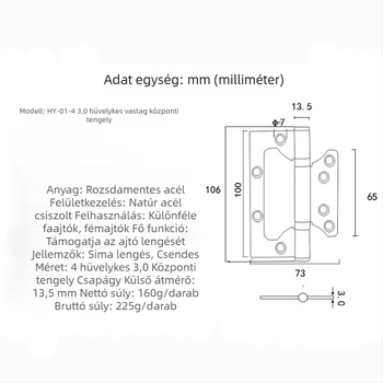 Rozsdamentes acél kéttalpas zsanér, 4 hüvelyk, 3.0 mm vastagság, horony nélkül, csillapító, halk csukódás, drótcsiszolt felület