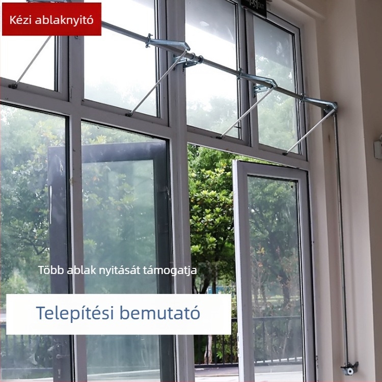 Kézzel hajtott ablaknyitó két összekapcsolt linkkel és görbe karú mozgatóval, füstkibocsátó ablakokhoz