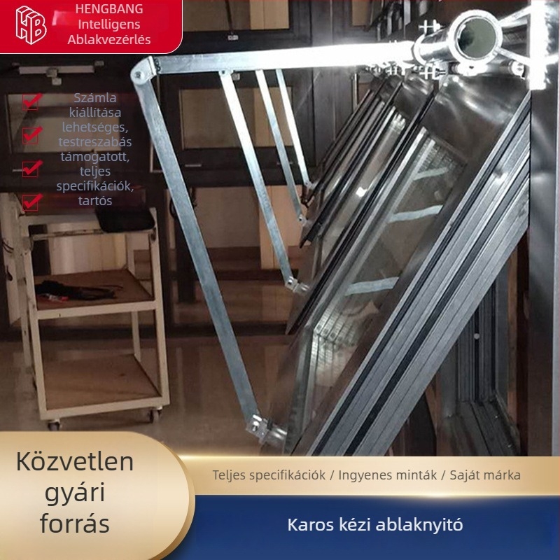 Kézzel hajtott ablaknyitó két összekapcsolt linkkel és görbe karú mozgatóval, füstkibocsátó ablakokhoz