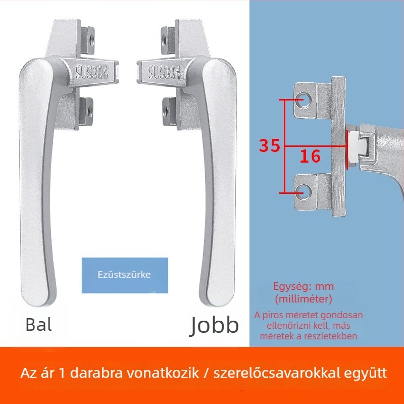 38 típusú ablakkezelő kilincs csukható ablakokhoz és függönyfal rendszerekhez, felső- és alsó felfüggesztés, külső nyitás, hét karakteres zár, alumínium