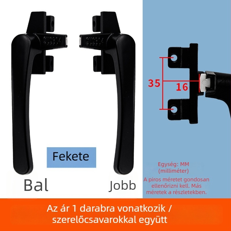 38 típusú ablakkezelő kilincs csukható ablakokhoz és függönyfal rendszerekhez, felső- és alsó felfüggesztés, külső nyitás, hét karakteres zár, alumínium