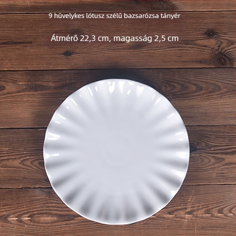 Fehér porcelánból készült, szabálytalan formájú tányérok – gyümölcs, leves, zöldség és rizs készlet