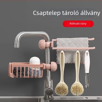Rozsdamentes konyhai tároló a mosogatóhoz: csaptelehez tartó, függő kosár, szivacs szárító állvány, mosogató alatti tárolópolc, kendő- és törölközőtartó