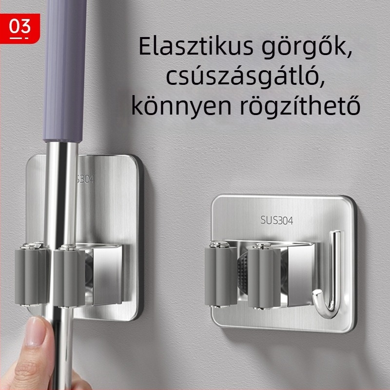 Mop tartó 201 rozsdamentes acélból, falra szerelhető kampóval, fúrás nélkül