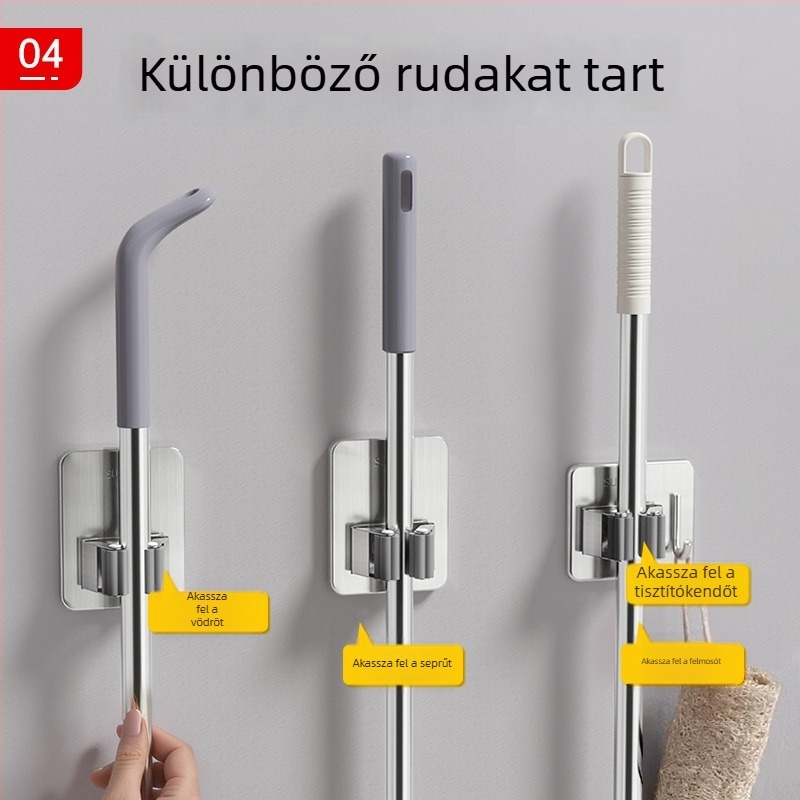 Mop tartó 201 rozsdamentes acélból, falra szerelhető kampóval, fúrás nélkül