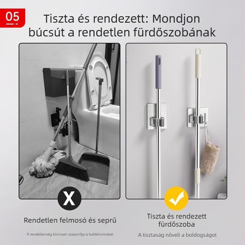 Mop tartó 201 rozsdamentes acélból, falra szerelhető kampóval, fúrás nélkül