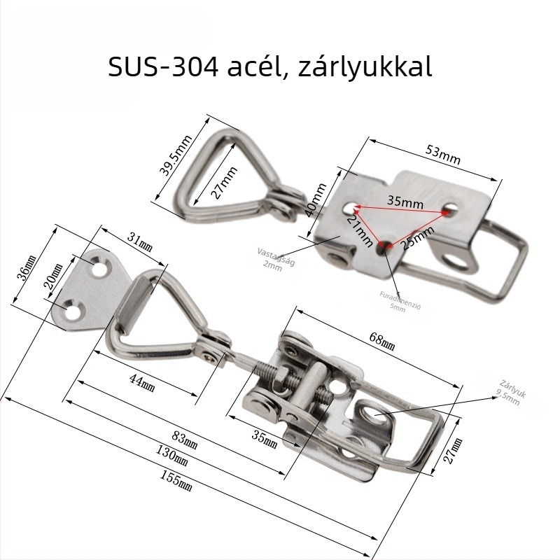 304 rozsdamentes acél ajtózár, állítható, 90°/180° szög, gyors csatolás