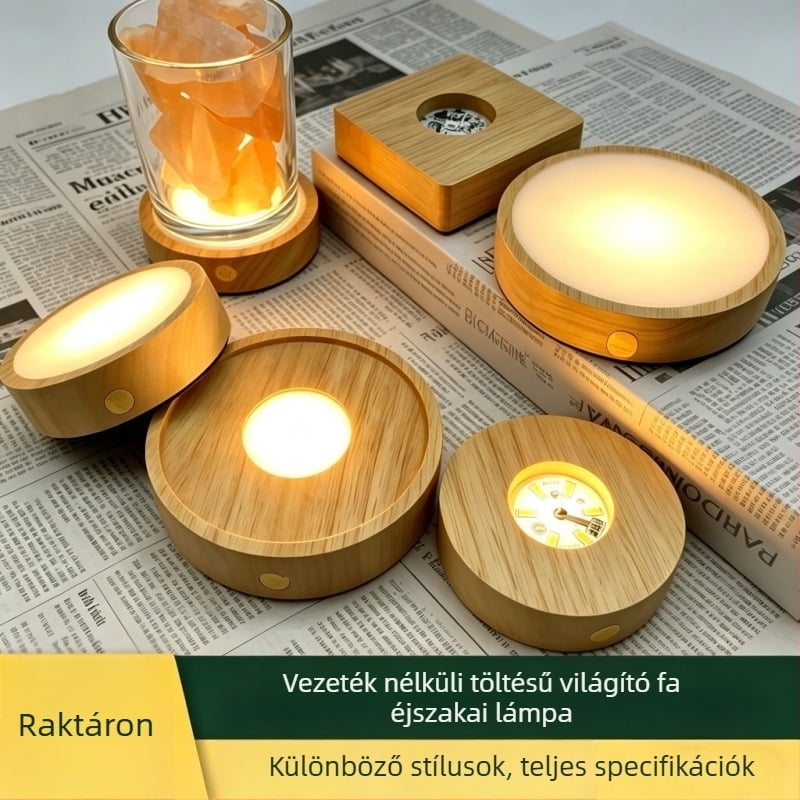 Type-C töltésű kör alakú vezeték nélküli LED éjszakai fény aromaterápiás alap, tölgyfa, háromszínű érintés, DIY lámpatartó