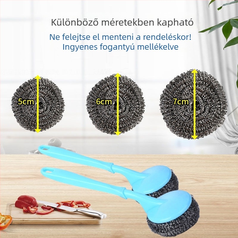 Nagy rozsdamentes acél drótgolyó nyéllel, konyhai tisztító labda, élelmiszerbiztonságos