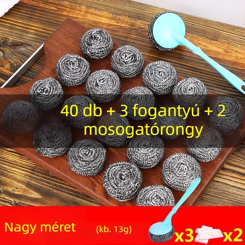 Nagy rozsdamentes acél drótgolyó nyéllel, konyhai tisztító labda, élelmiszerbiztonságos