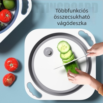Összecsukható mosókagyló vágódeszkával – hordozható gyümölcs- és zöldségmosó, leeresztő kosár, lábfürdő, multifunkcionális kollégiumi kiegészítő
