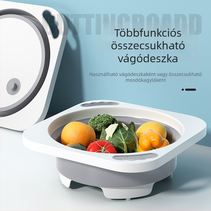 Összecsukható mosókagyló vágódeszkával – hordozható gyümölcs- és zöldségmosó, leeresztő kosár, lábfürdő, multifunkcionális kollégiumi kiegészítő
