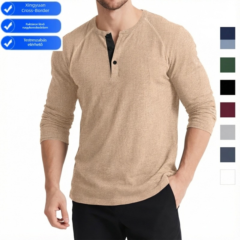 Férfi hosszú ujjú Henley felső, kötött színes blokkokkal, háromgombos, retro stílus