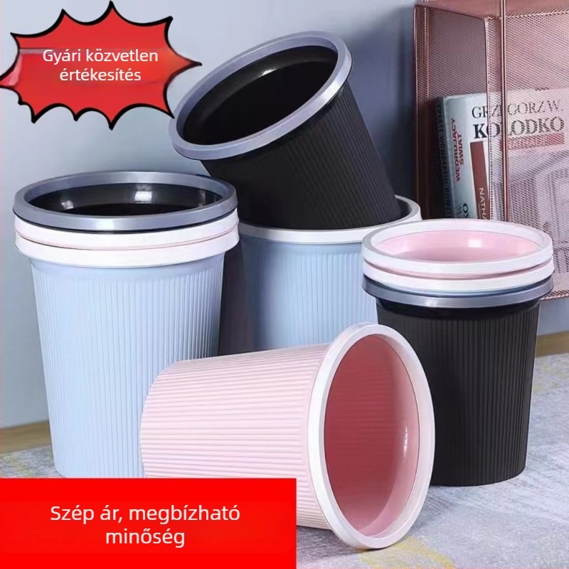 Műanyag szemetes, hordó alakú, nagy kapacitású (>12 L), fedél nélküli, otthoni használatra konyhában, fürdőszobában és a nappaliban.