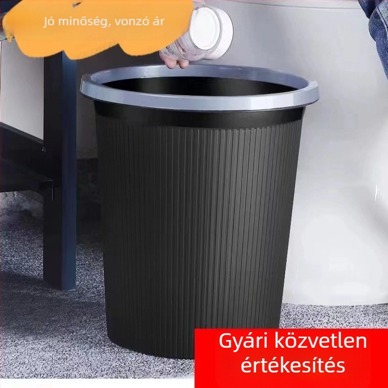 Műanyag szemetes, hordó alakú, nagy kapacitású (>12 L), fedél nélküli, otthoni használatra konyhában, fürdőszobában és a nappaliban.