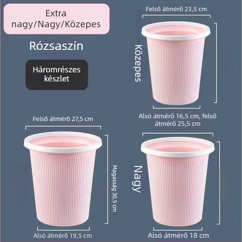 Műanyag szemetes, hordó alakú, nagy kapacitású (>12 L), fedél nélküli, otthoni használatra konyhában, fürdőszobában és a nappaliban.