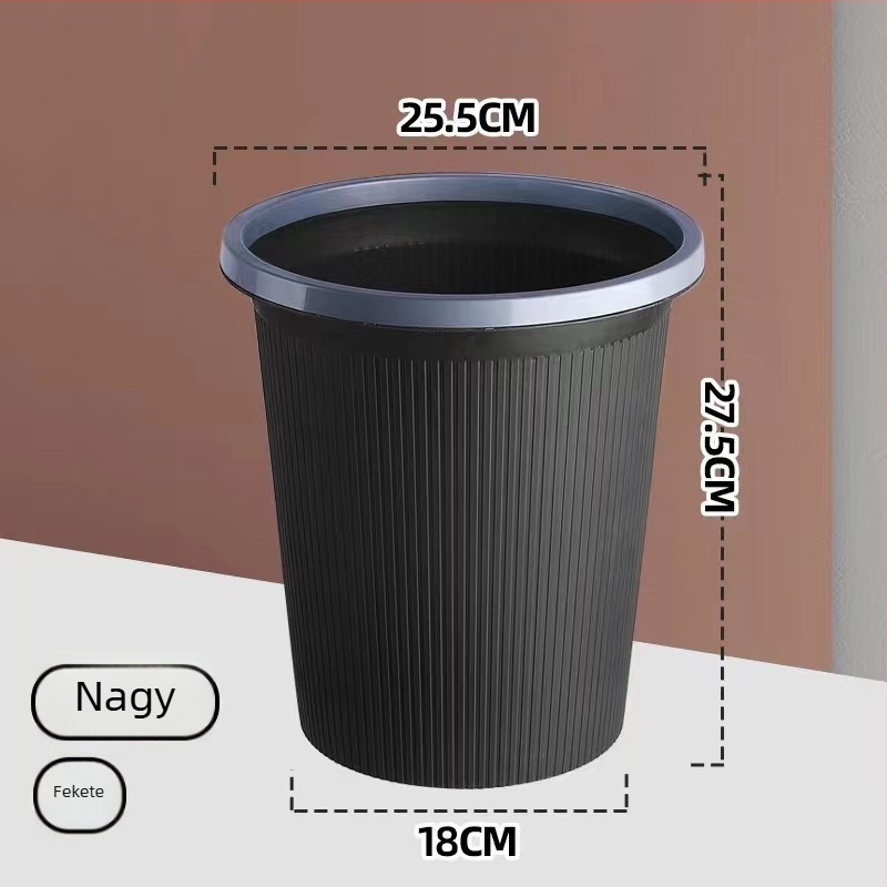 Műanyag szemetes, hordó alakú, nagy kapacitású (>12 L), fedél nélküli, otthoni használatra konyhában, fürdőszobában és a nappaliban.