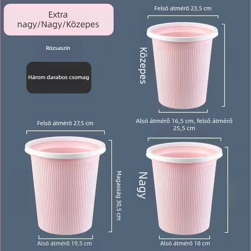 Műanyag szemetes, hordó alakú, nagy kapacitású (>12 L), fedél nélküli, otthoni használatra konyhában, fürdőszobában és a nappaliban.