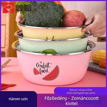 Három darabos rozsdamentes acél edénykészlet színes felülettel gyümölcsök és zöldségek mosására, tartalmaz egy leveses fazekat és egy tojásfelverő tálat
