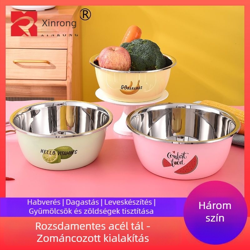 Három darabos rozsdamentes acél edénykészlet színes felülettel gyümölcsök és zöldségek mosására, tartalmaz egy leveses fazekat és egy tojásfelverő tálat