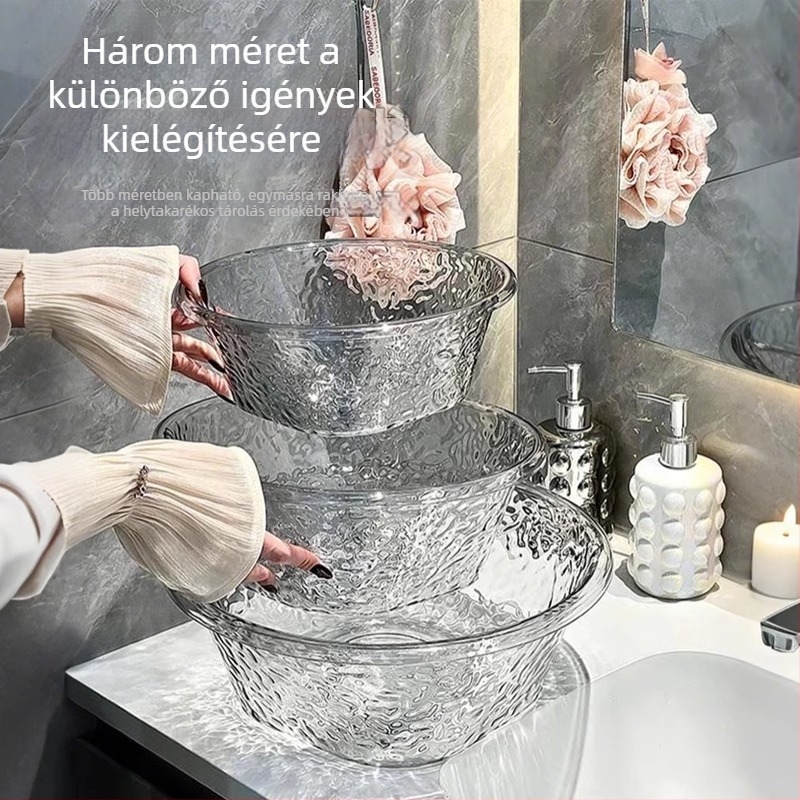 PET átlátszó kör alakú mosómedence háztartási használatra, vastagított gleccsers mintázattal, nagy méretű, műanyag