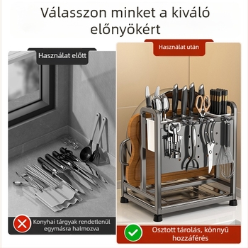 Szénacélból készült, többfunkciós kés-tartó és vágódeszka-tartó, integrált kés- és evőpálcika-tartó, konyhai pulttartó