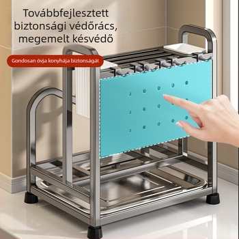 Szénacélból készült, többfunkciós kés-tartó és vágódeszka-tartó, integrált kés- és evőpálcika-tartó, konyhai pulttartó