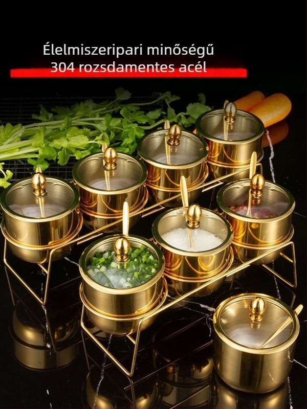 Rozsdamentes acélból készült fűszertartó készlet üvegfedéllel és kanállal, kerek formájú 304-es rozsdamentes acélból