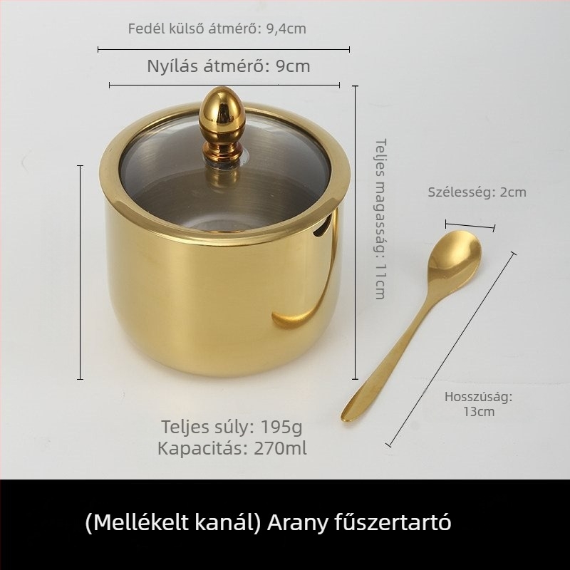 Rozsdamentes acélból készült fűszertartó készlet üvegfedéllel és kanállal, kerek formájú 304-es rozsdamentes acélból